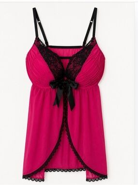 La Senza Vampy Magenta Sheer Mesh Lingerie Chemise Black Lace Bow Barbiecore